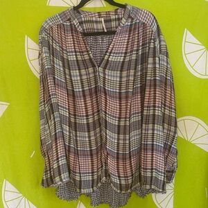 Free People Multi-Color Plaid V-Neck Long Sleeve Blouse Small